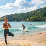 Morning exercise and surfing activity on Nai Harn Beach in Phuket
