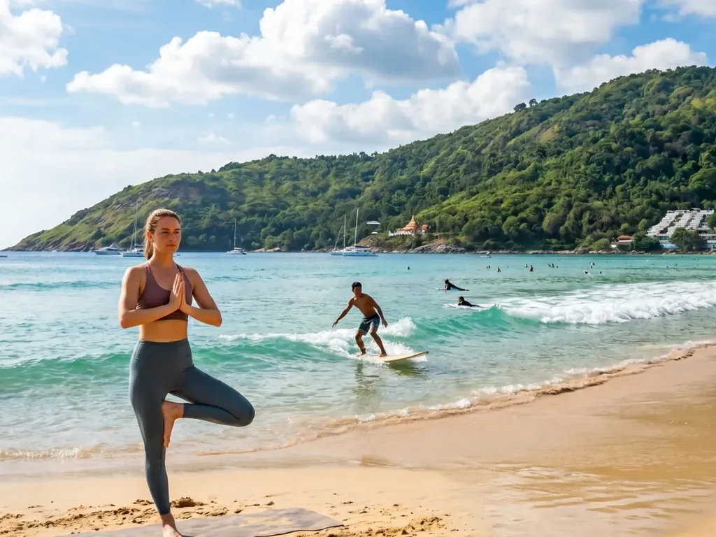 Morning exercise and surfing activity on Nai Harn Beach in Phuket