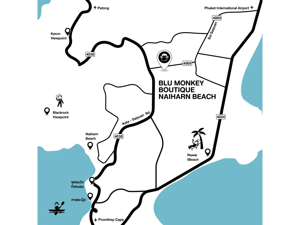 Map showing Phuket International Airport, Nai Harn Beach, Rawai and Blu Monkey Boutique Naiharn Beach Phuket